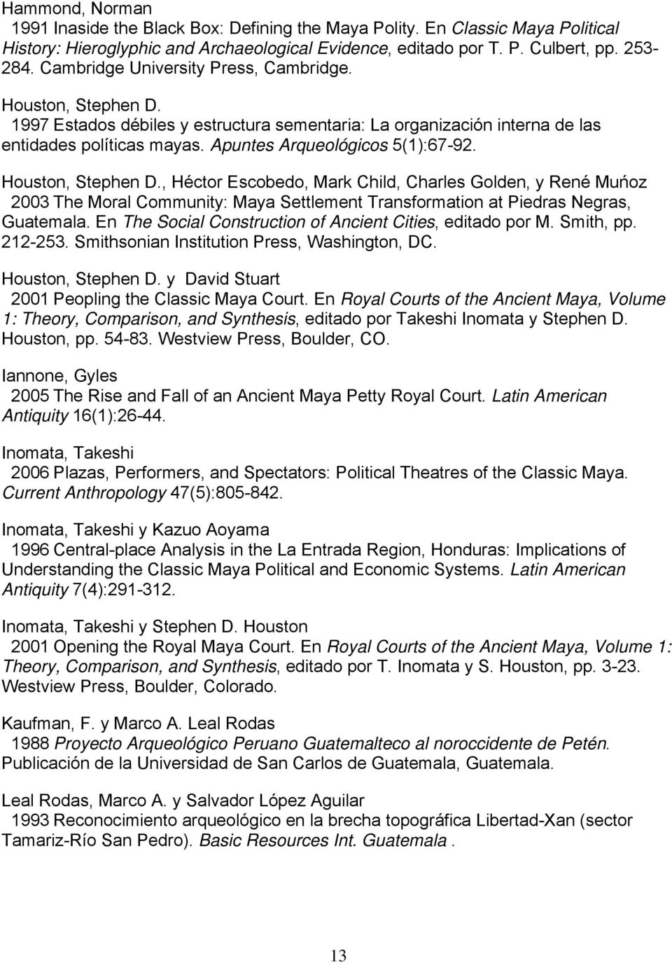 Houston, Stephen D., Héctor Escobedo, Mark Child, Charles Golden, y René Muńoz 2003 The Moral Community: Maya Settlement Transformation at Piedras Negras, Guatemala.