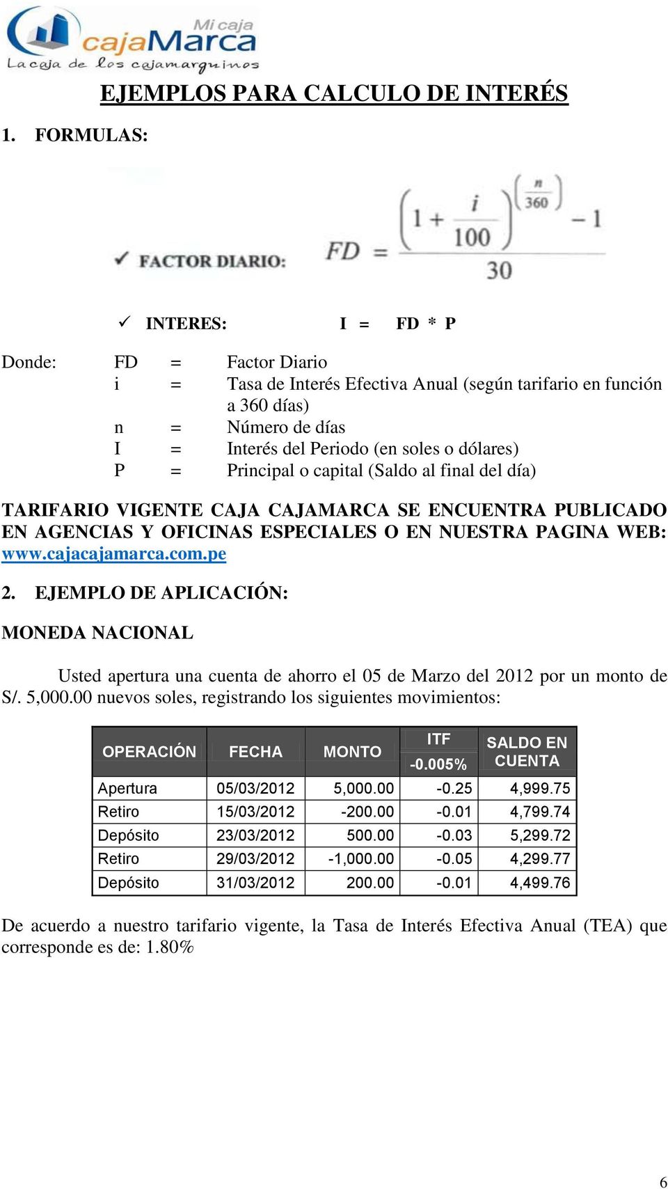 www.cajacajamarca.com.pe 2. EJEMPLO DE APLICACIÓN: MONEDA NACIONAL Usted apertura una cuenta de ahorro el 05 de Marzo del 2012 por un monto de S/. 5,000.