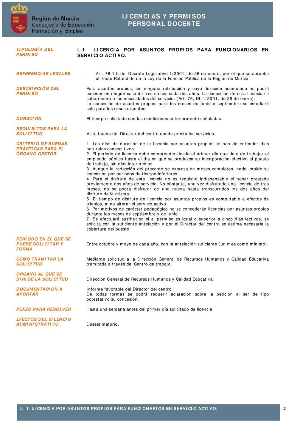 b del Decreto Legislativo 1/2001, de 26 de enero, por el que se aprueba el Texto Refundido de la Ley de la Función Pública de la Región de Murcia.