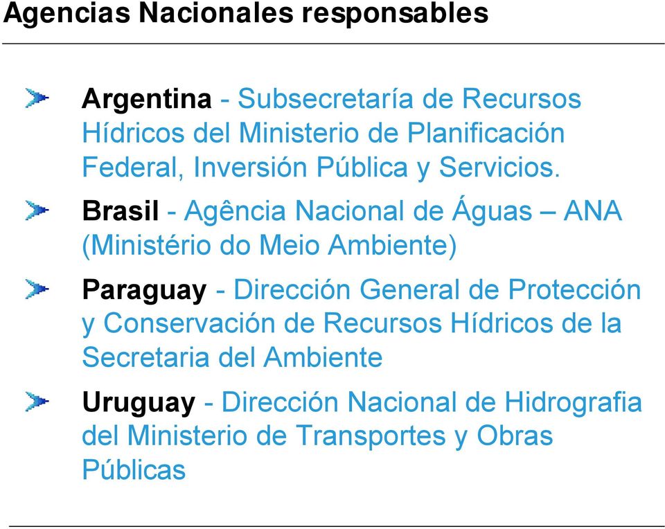 Brasil - Agência Nacional de Águas ANA (Ministério do Meio Ambiente) Paraguay - Dirección General de