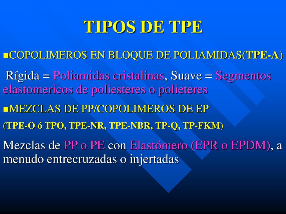 MEZCLAS DE PP/COPOLIMEROS DE EP (TPE-O ó TPO, TPE-NR, TPE-NBR, TP-Q, TP-FKM)