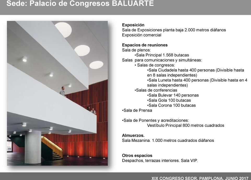 568 butacas Salas para comunicaciones y simultáneas: Salas de congresos: Sala Ciudadela hasta 400 personas (Divisible hasta en 8 salas independientes) Sala Luneta hasta 400