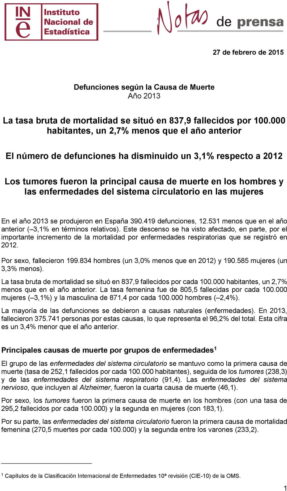 sistema circulatorio en las mujeres En el año 2013 se produjeron en España 390.419 defunciones, 12.531 menos que en el año anterior ( 3,1% en términos relativos).
