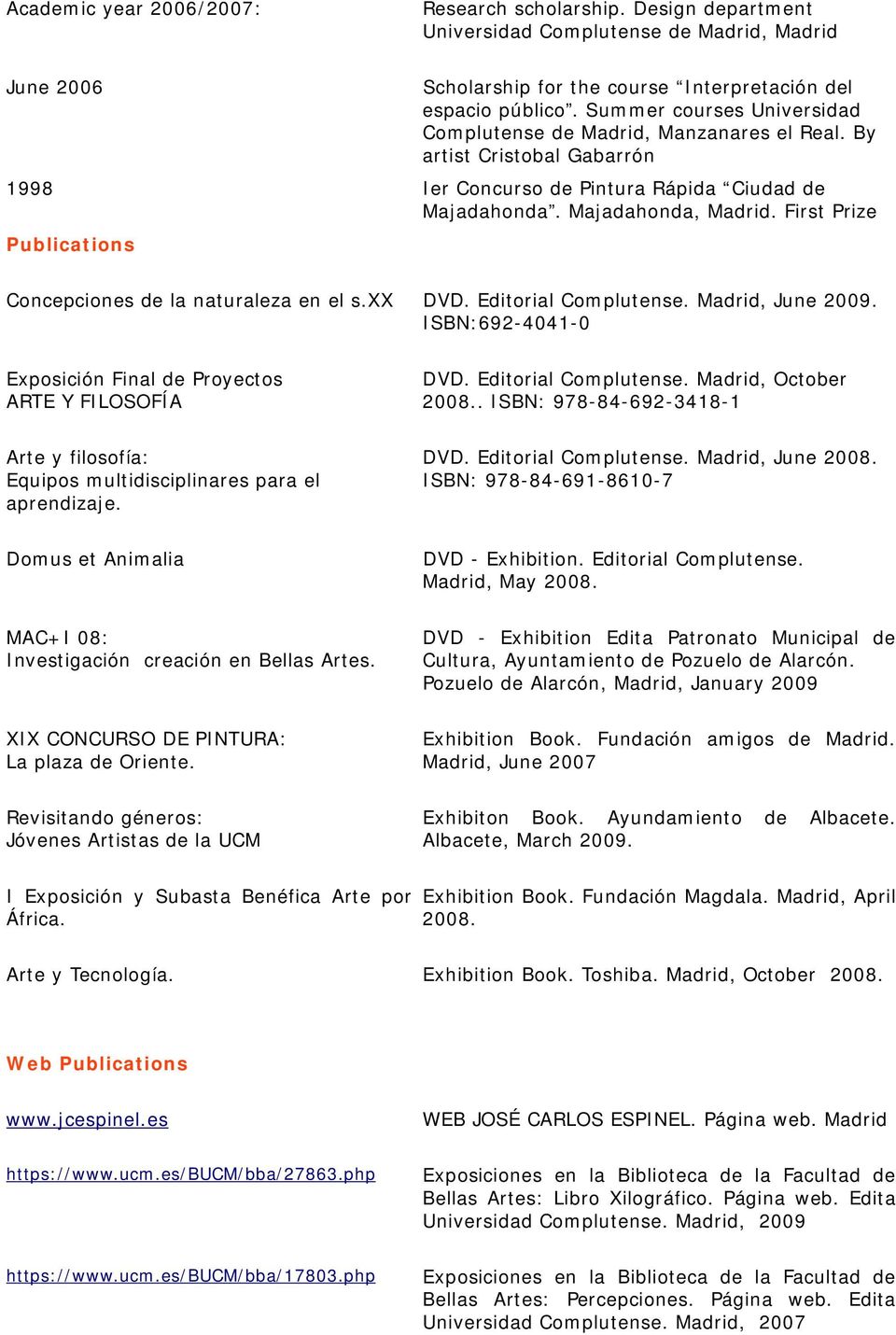 . First Prize Publications Concepciones de la naturaleza en el s.xx DVD. Editorial Complutense. Madrid, June 2009. ISBN:692-4041-0 Exposición Final de Proyectos ARTE Y FILOSOFÍA DVD.