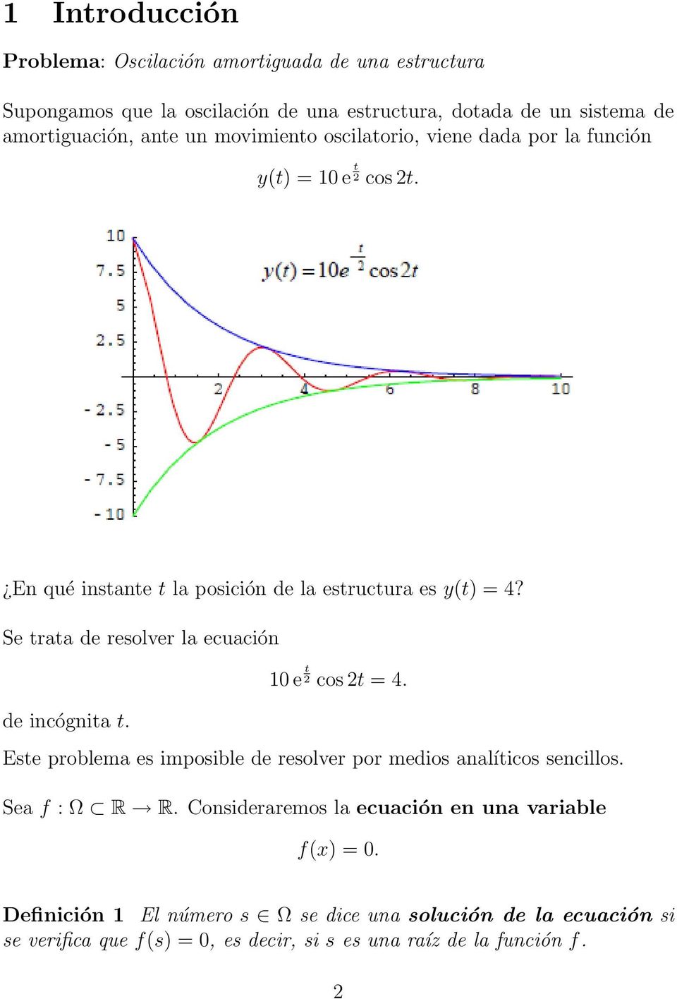 Se trata de resolver la ecuación 10 e t 2 cos 2t = 4. de incógnita t. Este problema es imposible de resolver por medios analíticos sencillos. Sea f : Ω R R.