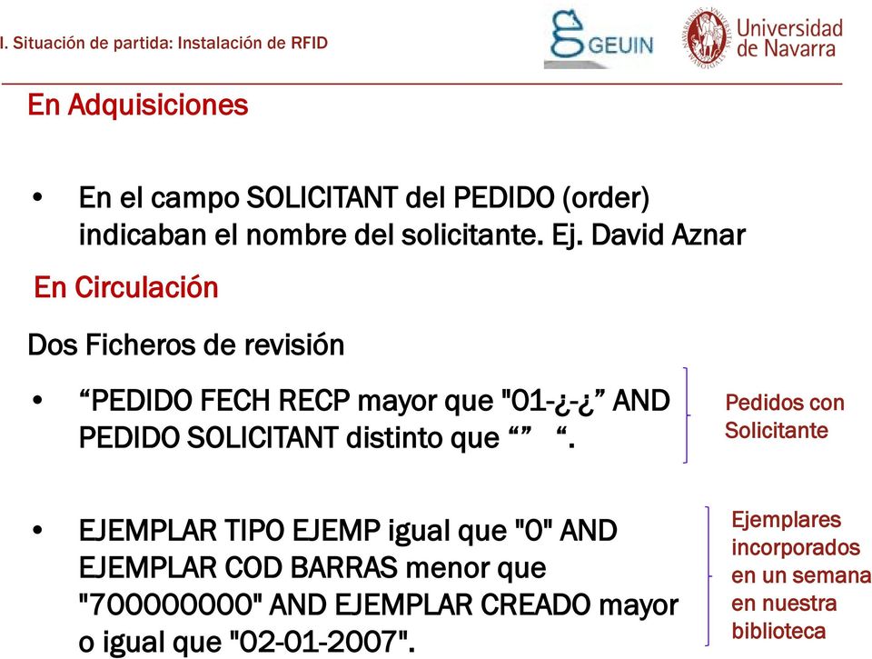 David Aznar En Circulación Dos Ficheros de revisión PEDIDO FECH RECP mayor que "01- - AND PEDIDO SOLICITANT distinto que.