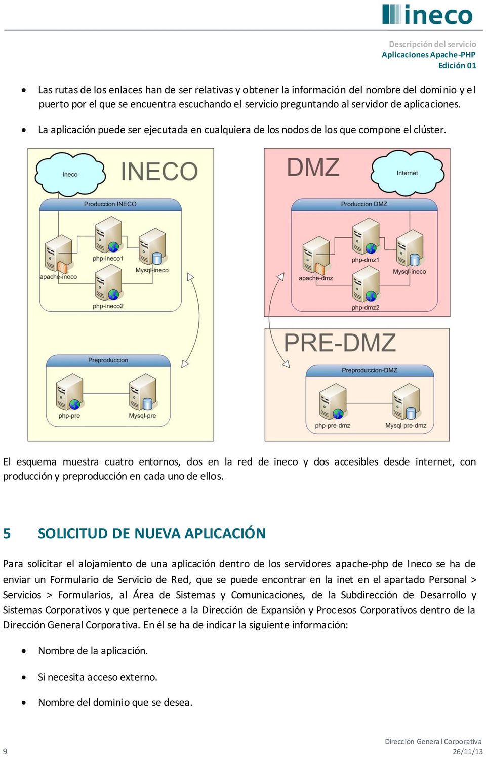 El esquema muestra cuatro entornos, dos en la red de ineco y dos accesibles desde internet, con producción y preproducción en cada uno de ellos.