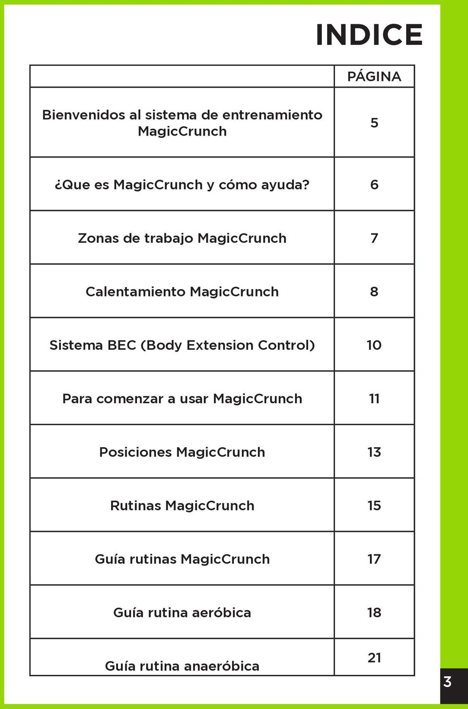 6 Zonas de trabajo MagicCrunch 7 Calentamiento MagicCrunch 8 Sistema BEC (Body Extension