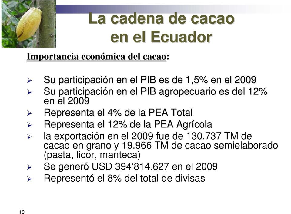 el 12% de la PEA Agrícola la exportación en el 2009 fue de 130.737 TM de cacao en grano y 19.