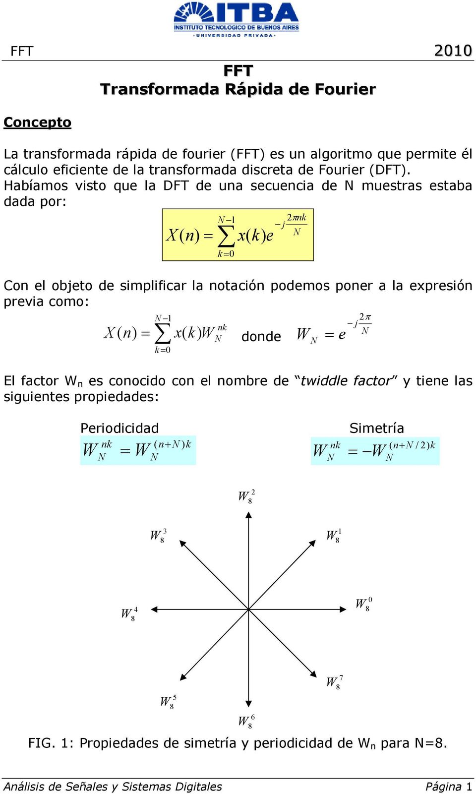 Habíamos visto que la DFT de ua secuecia de muestras estaba dada por: X ( ) = 1 k= 0 x( k) e 2πk j Co el objeto de simplificar la otació podemos poer a la expresió