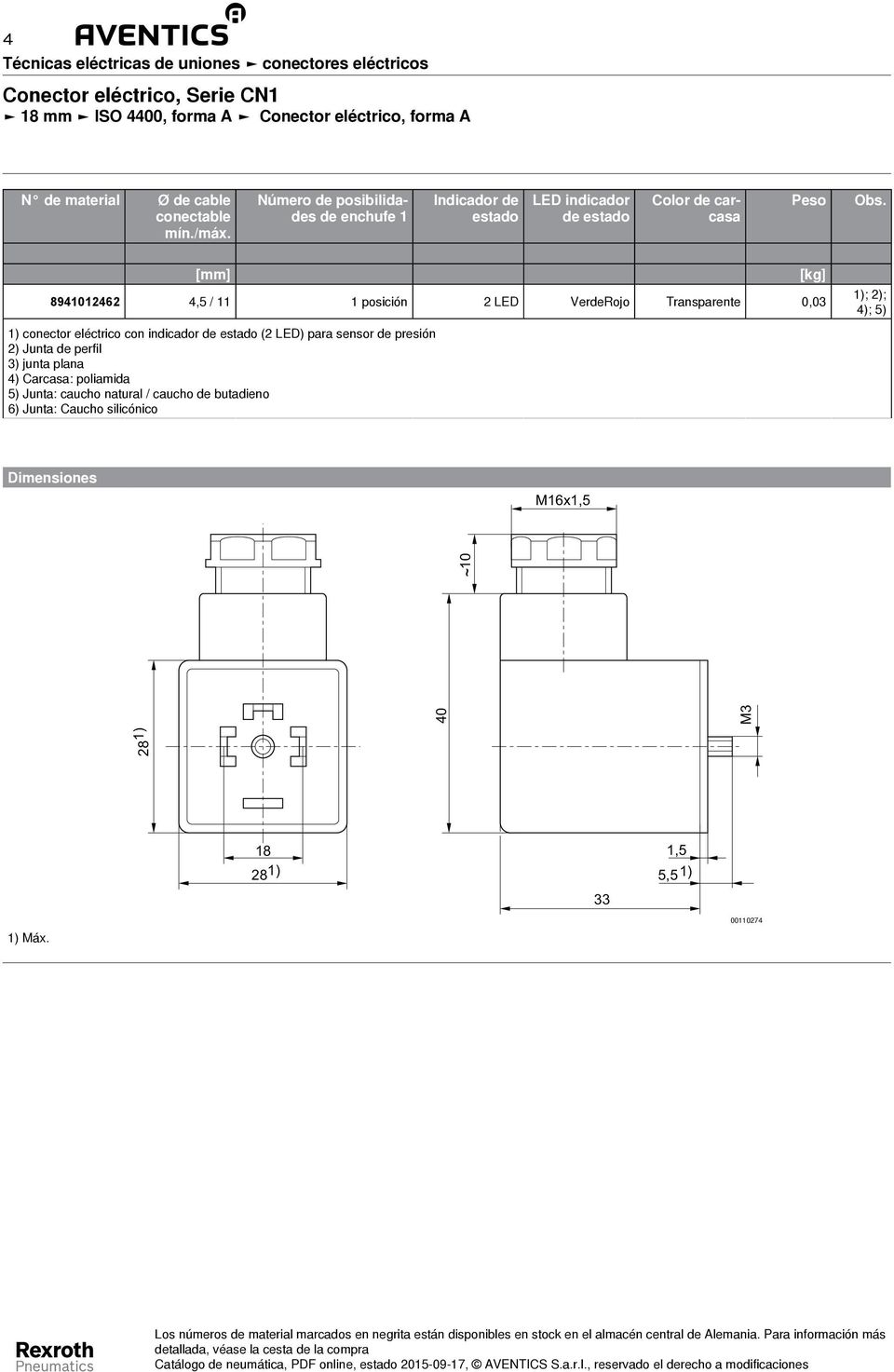 [mm] 894046 4,5 / posición LED VerdeRojo Transparente 0,0 [kg] ); ); 4); 5) ) conector eléctrico con indicador de estado ( LED) para sensor de presión ) Junta de perfil ) junta plana