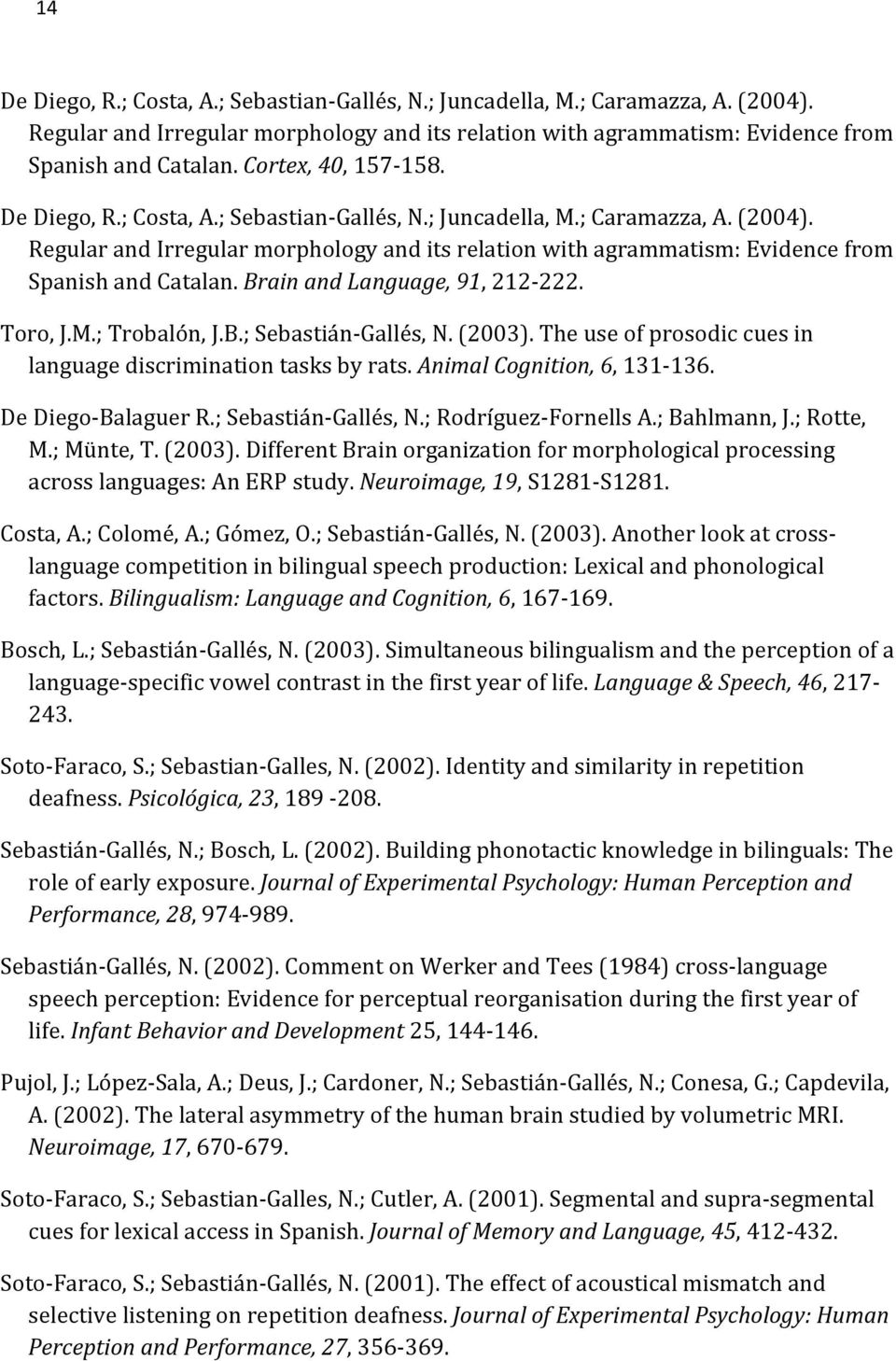 ;Bahlmann,J.;Rotte, M.;Münte,T.(2003).DifferentBrainorganizationformorphologicalprocessing acrosslanguages:anerpstudy.neuroimage,19,s1281ss1281. Costa,A.;Colomé,A.;Gómez,O.;SebastiánSGallés,N.(2003).AnotherlookatcrossS languagecompetitioninbilingualspeechproduction:lexicalandphonological factors.