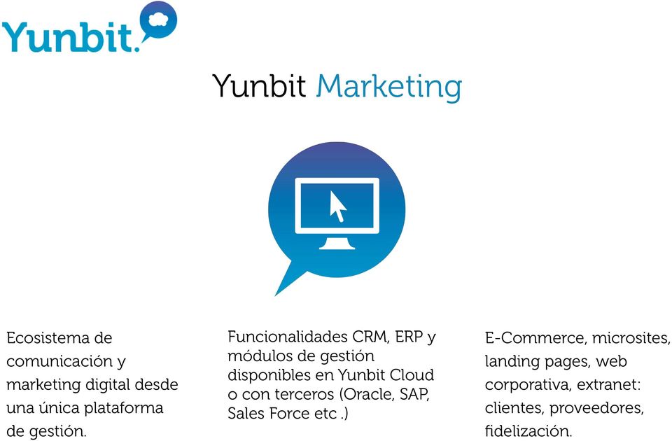 Funcionalidades CRM, ERP y módulos de gestión disponibles en Yunbit Cloud o con