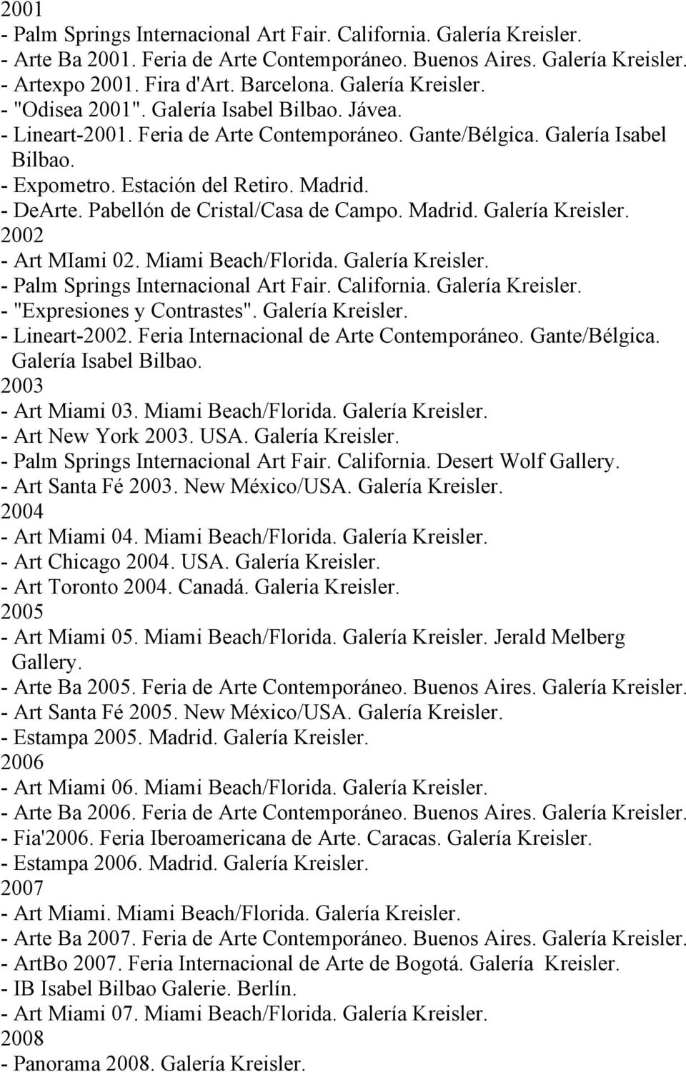 Pabellón de Cristal/Casa de Campo. Madrid. Galería Kreisler. 2002 - Art MIami 02. Miami Beach/Florida. Galería Kreisler. - Palm Springs Internacional Art Fair. California. Galería Kreisler. - "Expresiones y Contrastes".