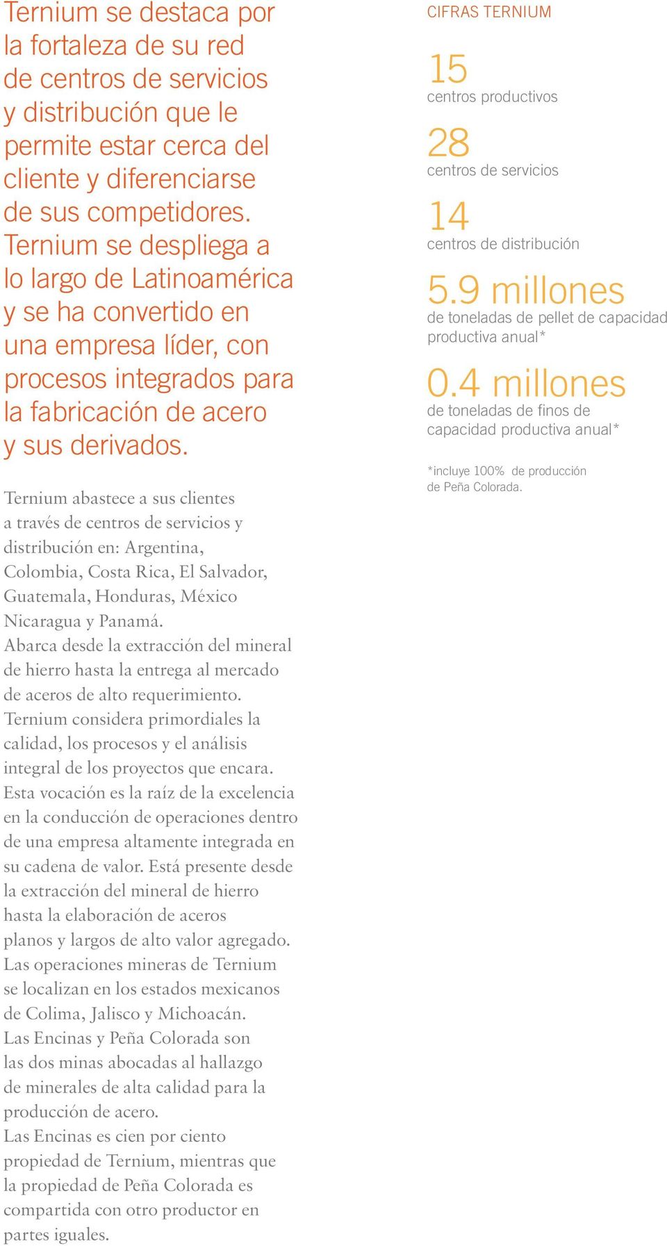 Ternium abastece a sus clientes a través de centros de servicios y distribución en: Argentina, Colombia, Costa Rica, El Salvador, Guatemala, Honduras, México Nicaragua y Panamá.