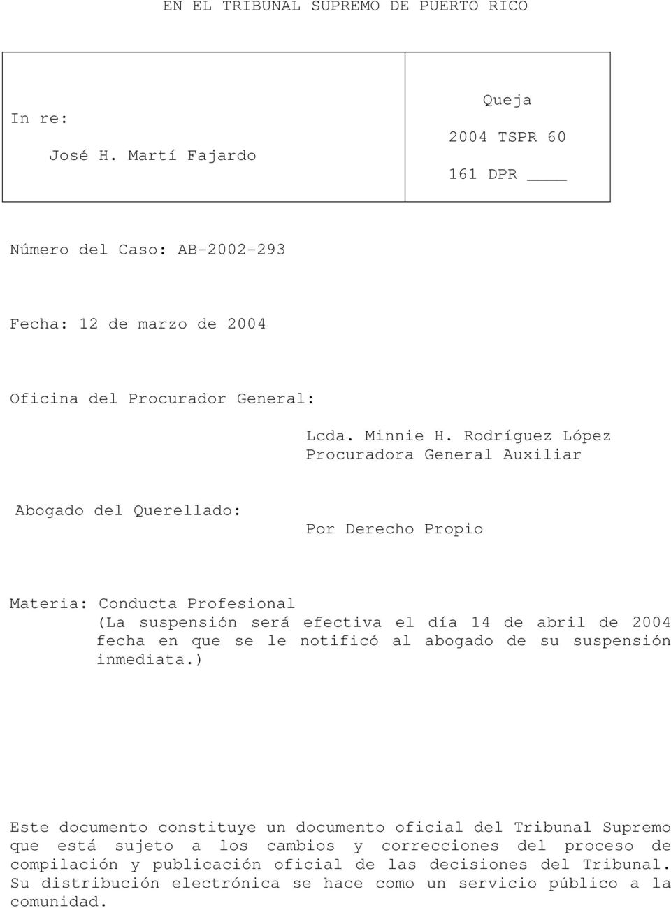 Rodríguez López Procuradora General Auxiliar Abogado del Querellado: Por Derecho Propio Materia: Conducta Profesional (La suspensión será efectiva el día 14 de abril de 2004
