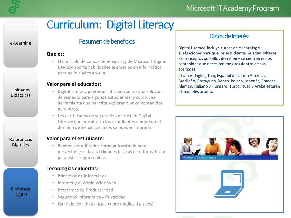 Valor para el educador: Digital Literacy puede ser utilizada como una solución de remedio para algunos estudiantes, y como una herramienta que permite explorar nuevos contenidos para otros.