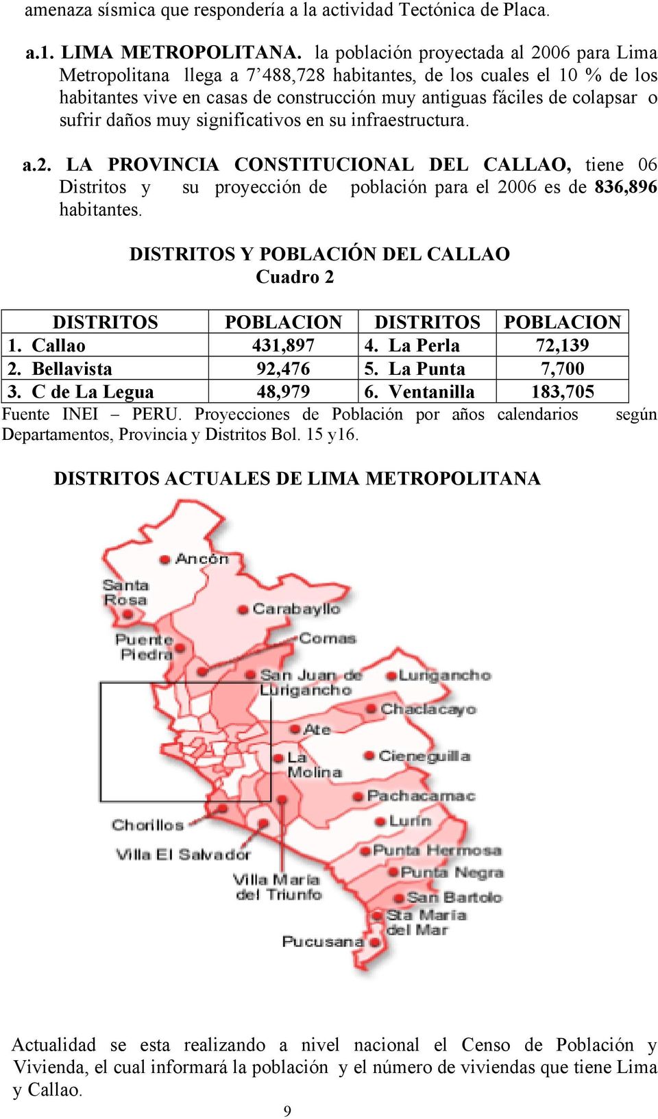 daños muy significativos en su infraestructura. a.2. LA PROVINCIA CONSTITUCIONAL DEL CALLAO, tiene 06 Distritos y su proyección de población para el 2006 es de 836,896 habitantes.