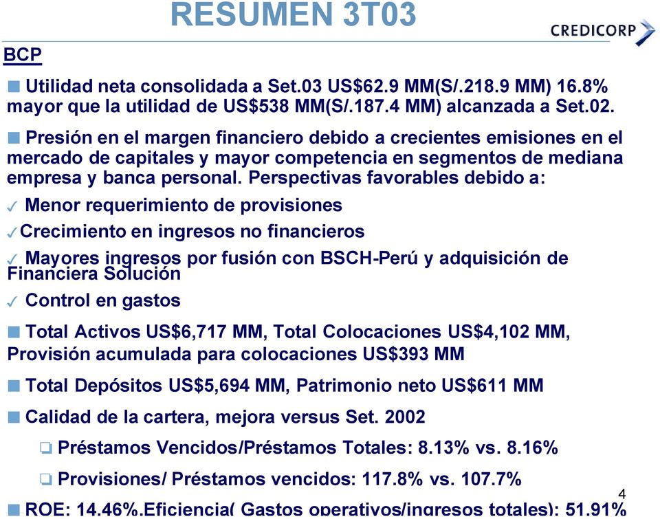 Perspectivas favorables debido a: Menor requerimiento de provisiones Crecimiento en ingresos no financieros Mayores ingresos por fusión con BSCH-Perú y adquisición de Financiera Solución Control en