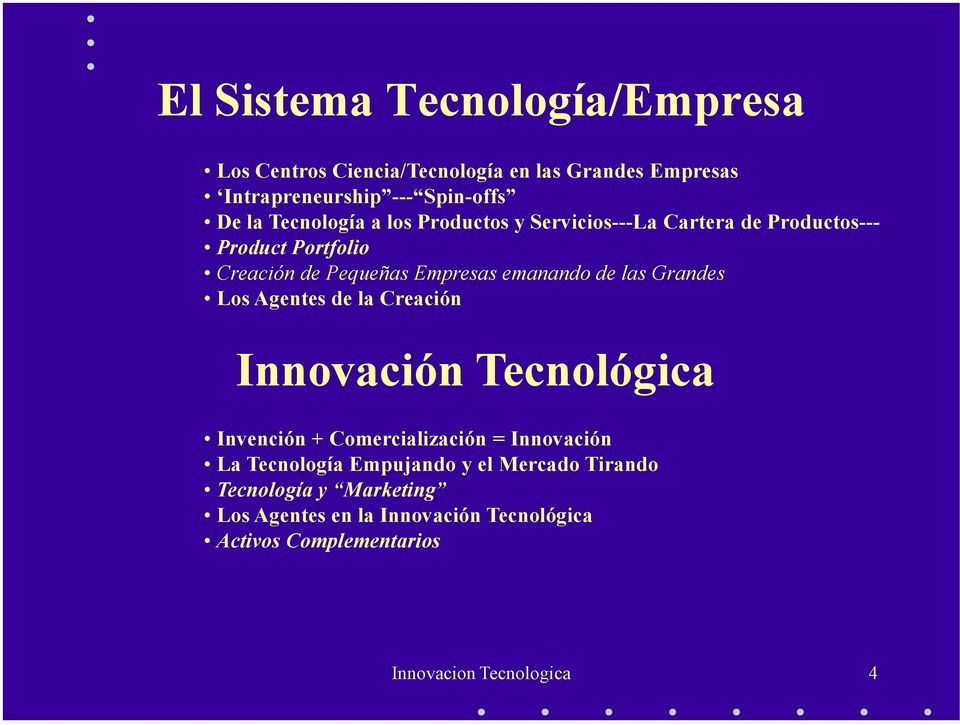 las Grandes Los Agentes de la Creación Innovación Tecnológica Invención + Comercialización = Innovación La Tecnología Empujando