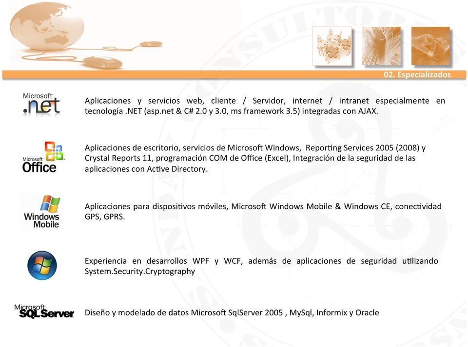 Aplicaciones de escritorio, servicios de Microso[ Windows, ReporJng Services 2005 (2008) y Crystal Reports 11, programación COM de Office (Excel), Integración de la