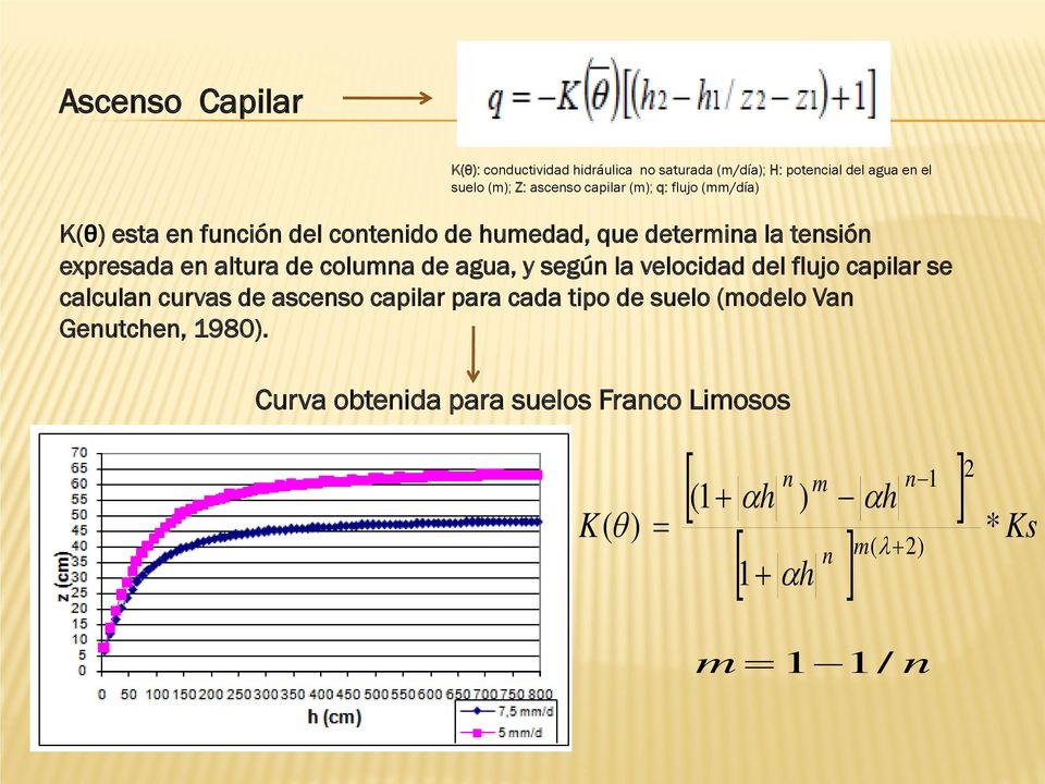 de agua, y según la velocidad del flujo capilar se calculan curvas de ascenso capilar para cada tipo de suelo (modelo Van