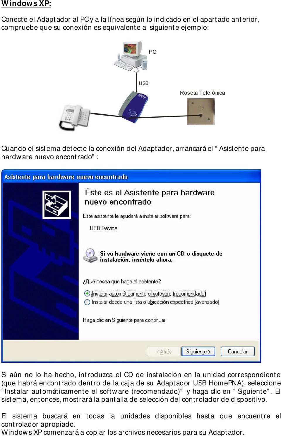 encontrado dentro de la caja de su Adaptador USB HomePNA), seleccione Instalar automáticamente el software (recomendado) y haga clic en Siguiente.