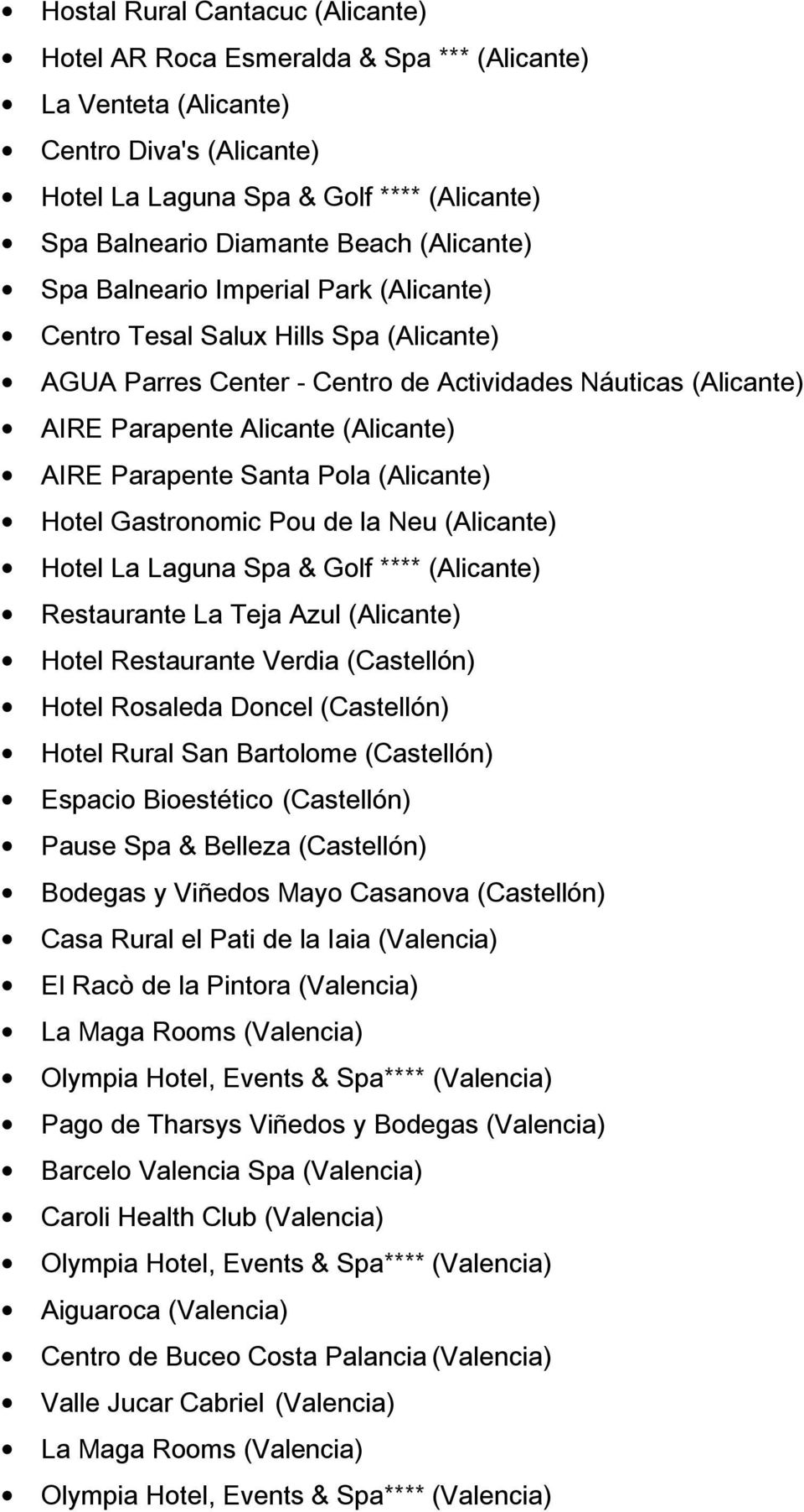 Parapente Santa Pola (Alicante) Hotel Gastronomic Pou de la Neu (Alicante) Hotel La Laguna Spa & Golf **** (Alicante) Restaurante La Teja Azul (Alicante) Hotel Restaurante Verdia (Castellón) Hotel