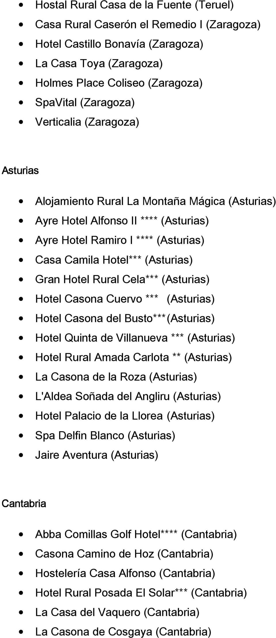 Rural Cela*** (Asturias) Hotel Casona Cuervo *** (Asturias) Hotel Casona del Busto*** (Asturias) Hotel Quinta de Villanueva *** (Asturias) Hotel Rural Amada Carlota ** (Asturias) La Casona de la Roza