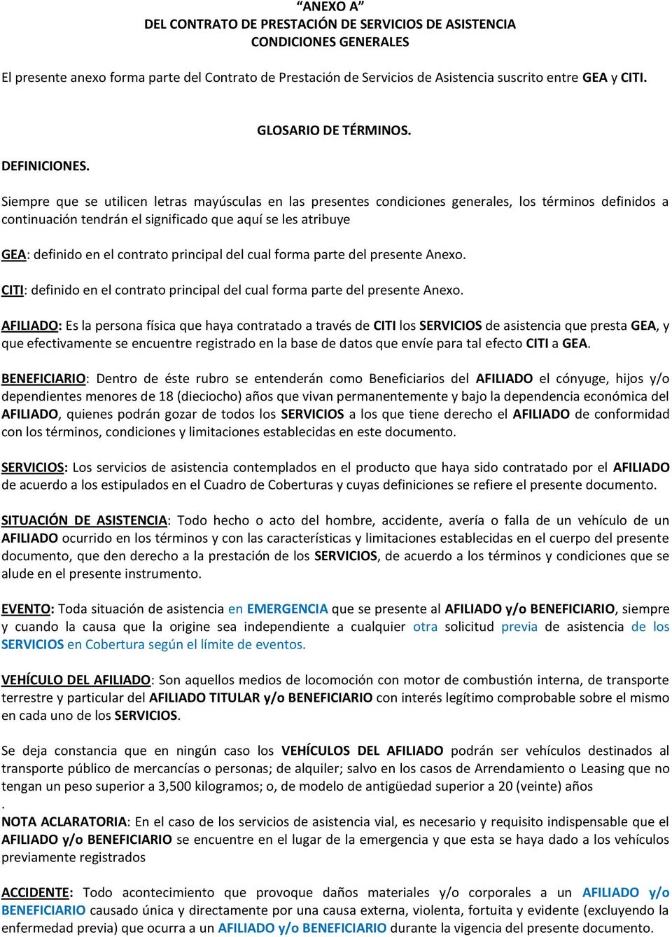 ANEXO A DEL CONTRATO DE PRESTACIÓN DE SERVICIOS DE ASISTENCIA CONDICIONES  GENERALES - PDF Descargar libre