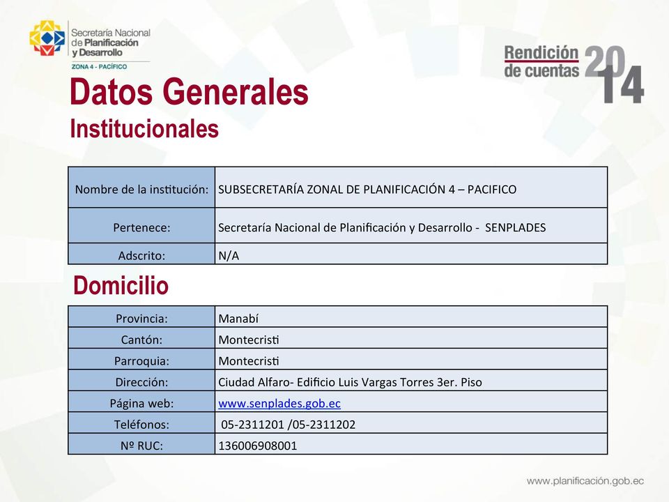 Planificación y Desarrollo - SENPLADES Adscrito: N/A Domicilio Provincia: Manabí Cantón: Montecris.