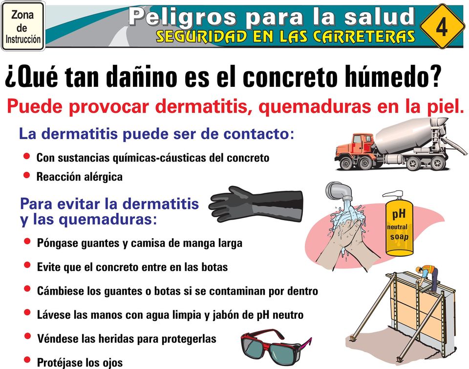 dermatitis y las quemaduras: Póngase guantes y camisa de manga larga ph neutral soap Evite que el concreto entre en las