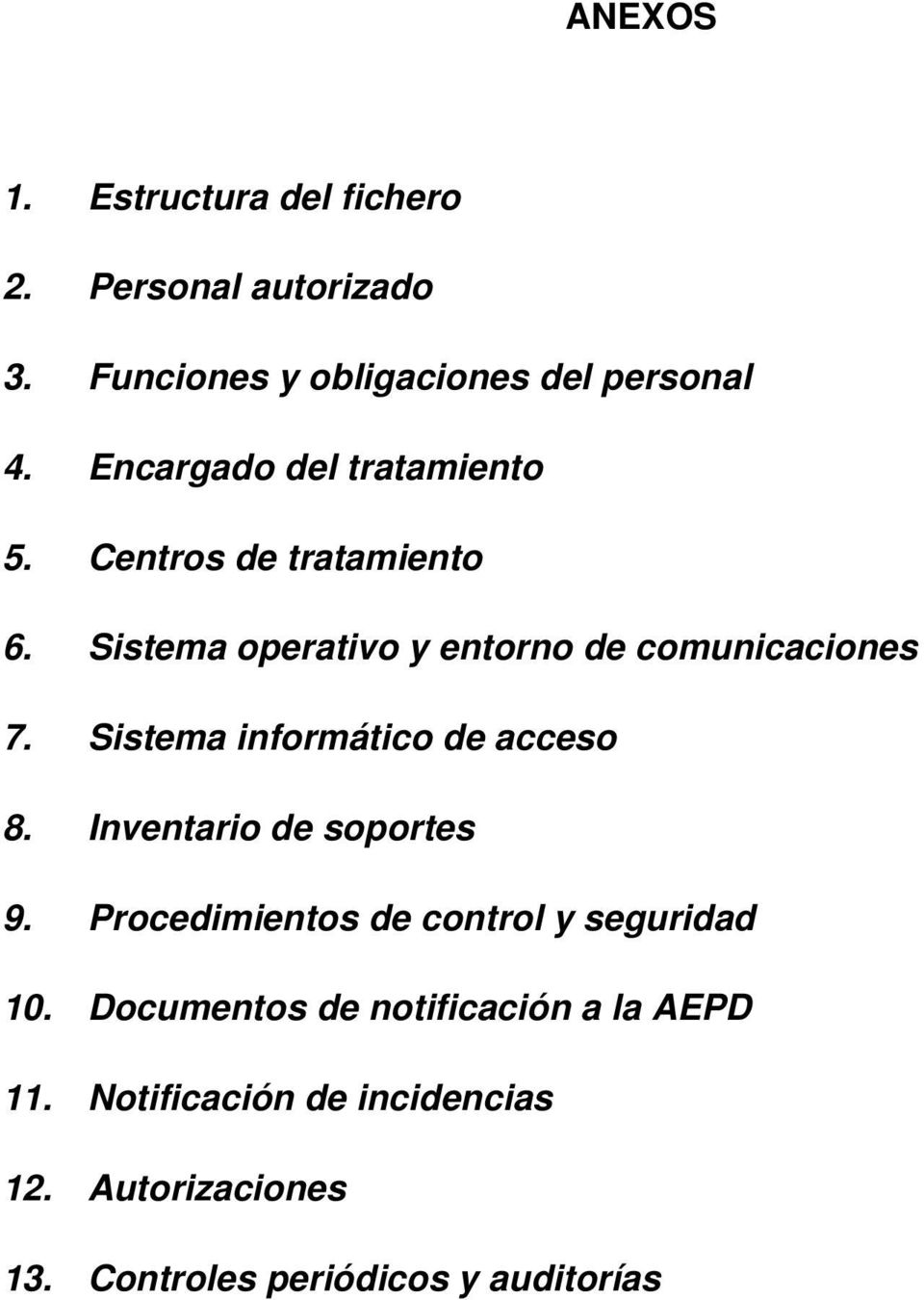 Sistema informático de acceso 8. Inventario de soportes 9. Procedimientos de control y seguridad 10.