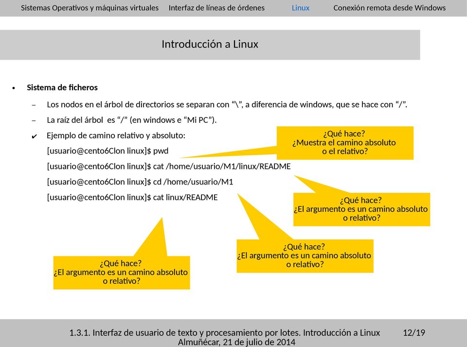Ejemplo de camino relativo y absoluto: [usuario@cento6clon linux]$ pwd [usuario@cento6clon linux]$ cat /home/usuario/m1/linux/readme [usuario@cento6clon linux]$ cd /home/usuario/m1