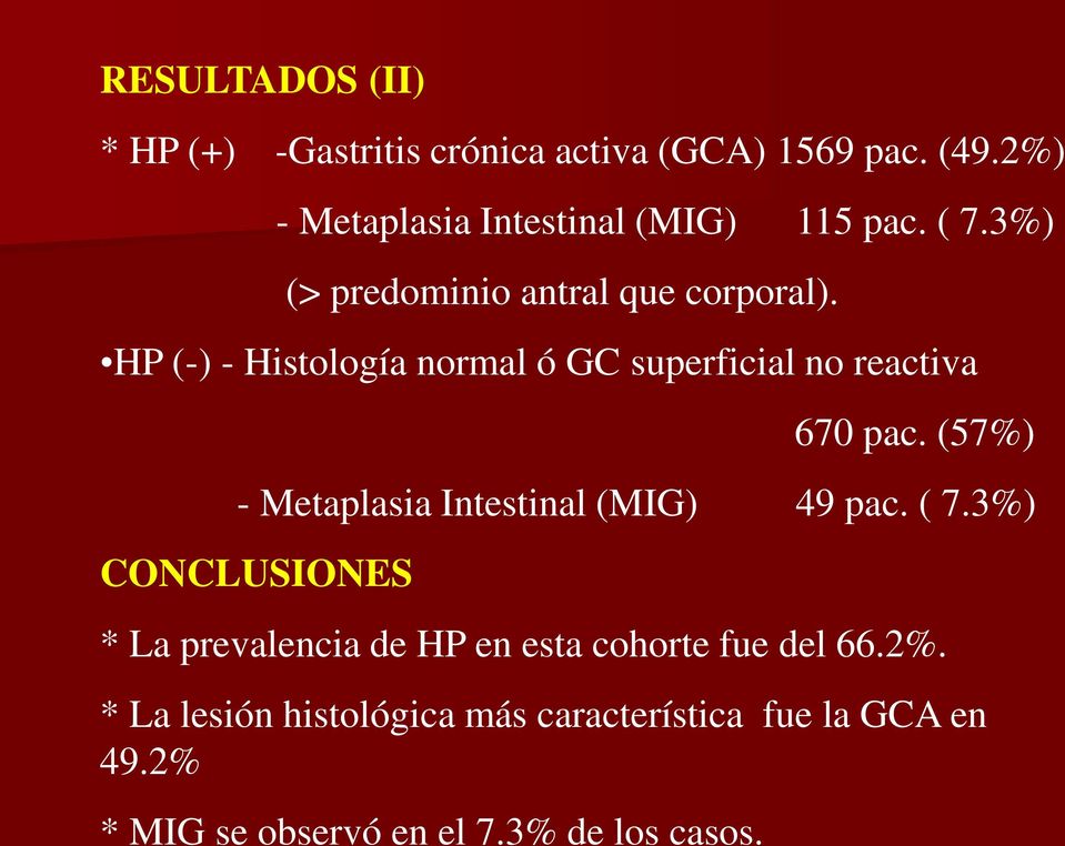 HP (-) - Histología normal ó GC superficial no reactiva 670 pac. (57%) - Metaplasia Intestinal (MIG) 49 pac.