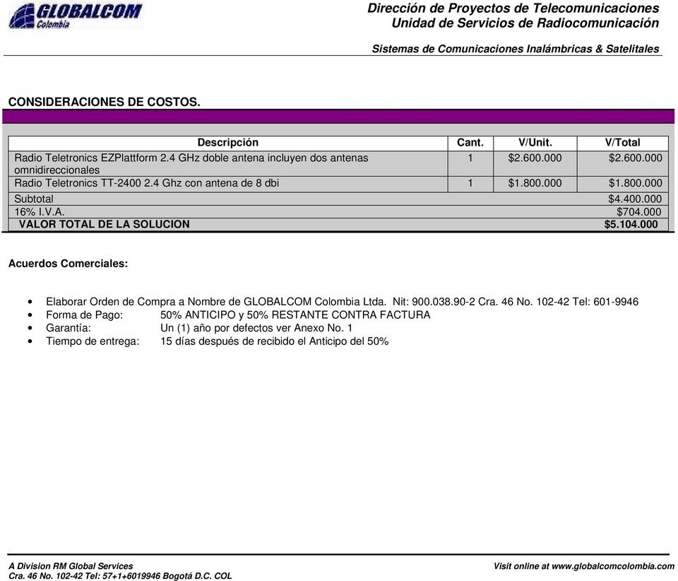 000 VALOR TOTAL DE LA SOLUCION $5.104.000 Acuerdos Comerciales: Elaborar Orden de Compra a Nombre de GLOBALCOM Colombia Ltda. Nit: 900.038.90-2 Cra. 46 No.