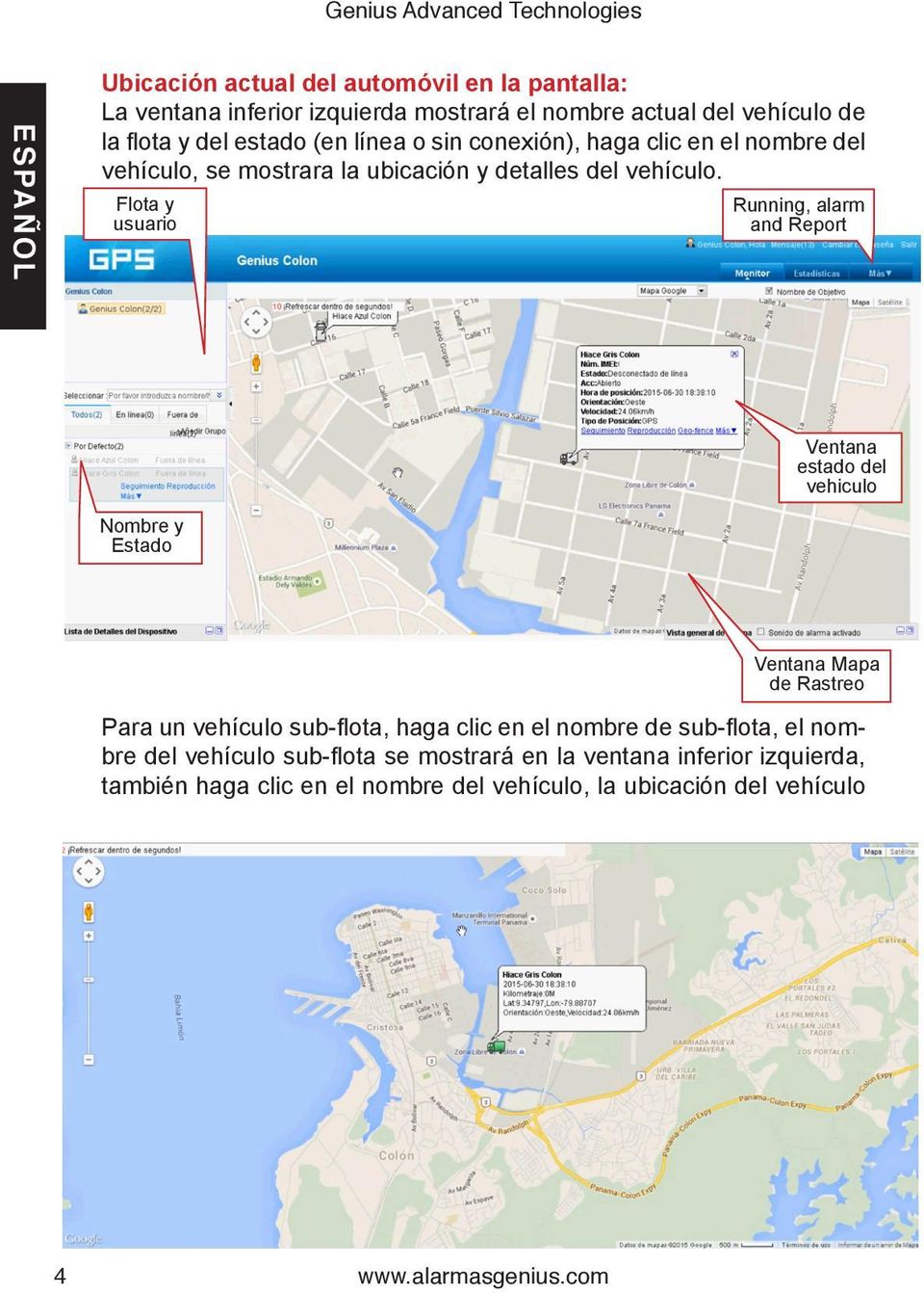 Flota y usuario Running, alarm and Report Ventana estado del vehiculo Nombre y Estado Ventana Mapa de Rastreo Para un vehículo sub-flota, haga clic en