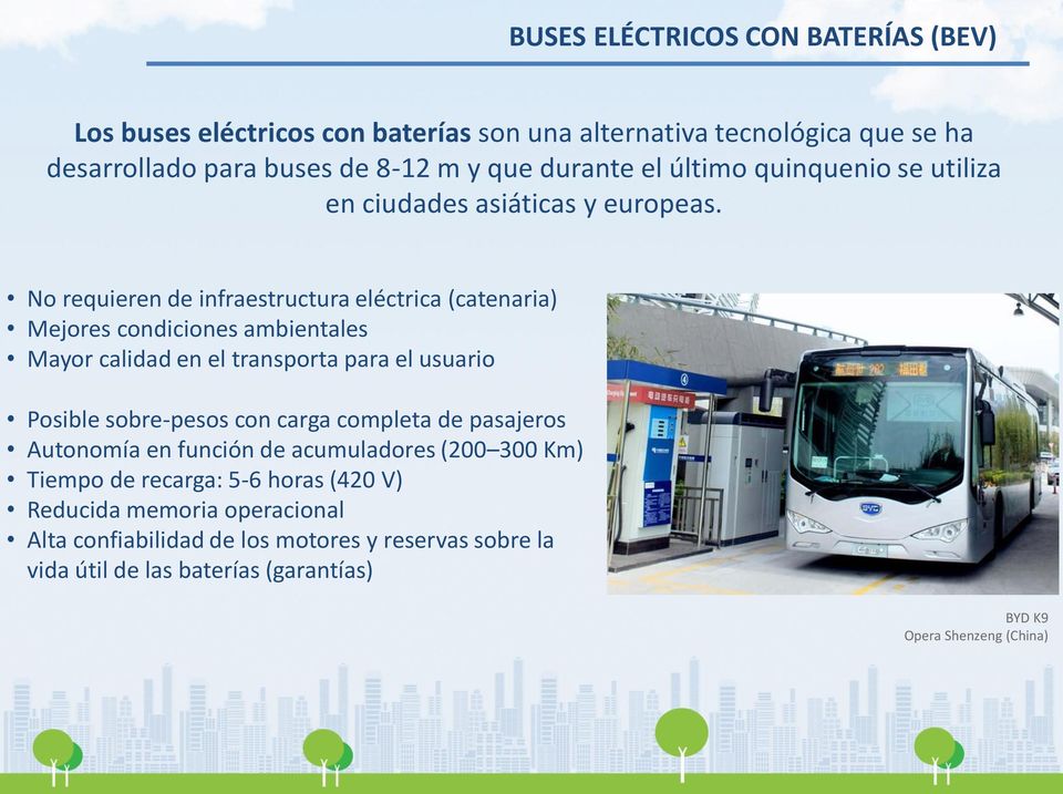 No requieren de infraestructura eléctrica (catenaria) Mejores condiciones ambientales Mayor calidad en el transporta para el usuario Posible sobre-pesos con