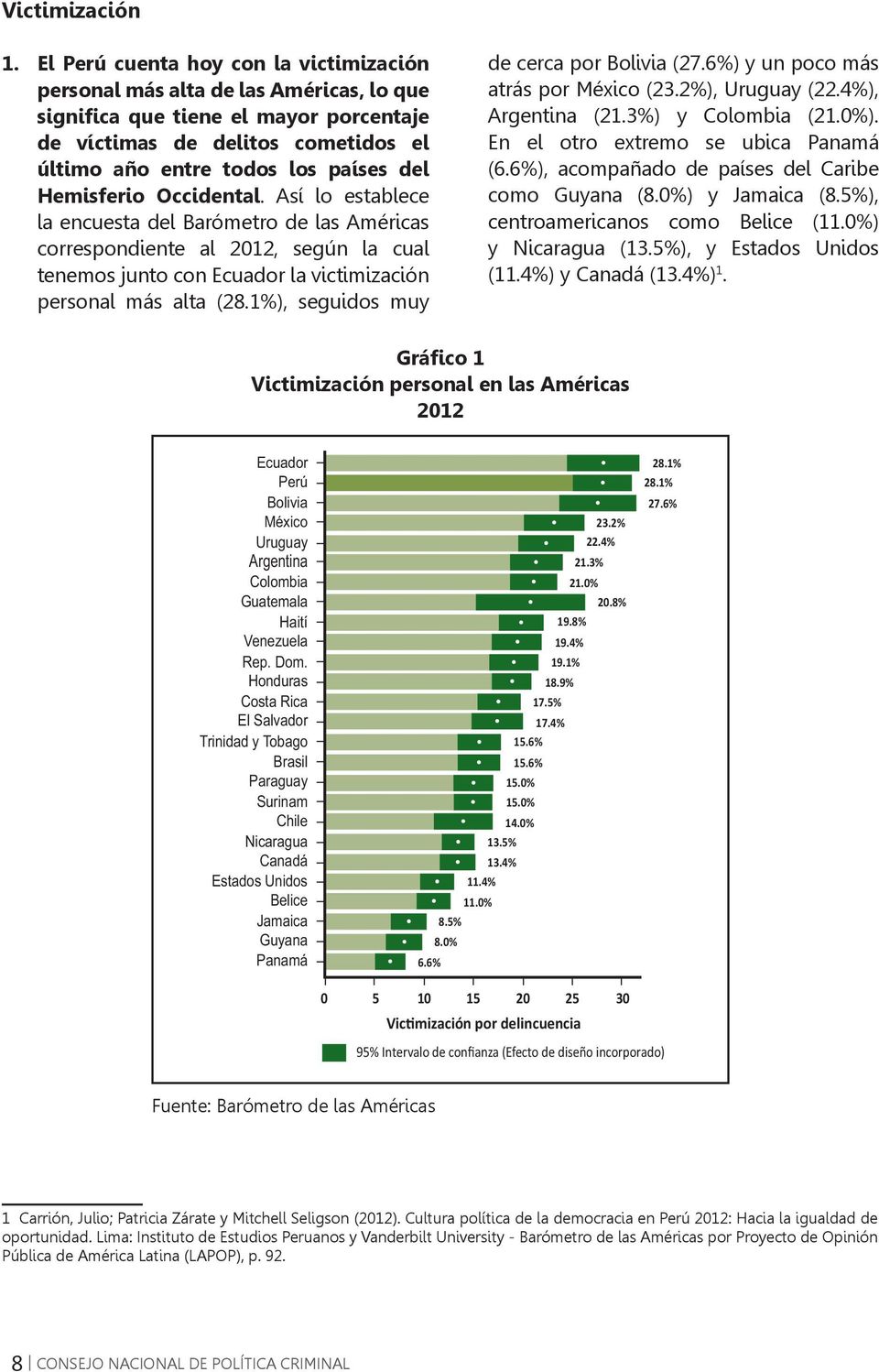 Hemisferio Occidental. Así lo establece la encuesta del Barómetro de las Américas correspondiente al 2012, según la cual tenemos junto con Ecuador la victimización personal más alta (28.