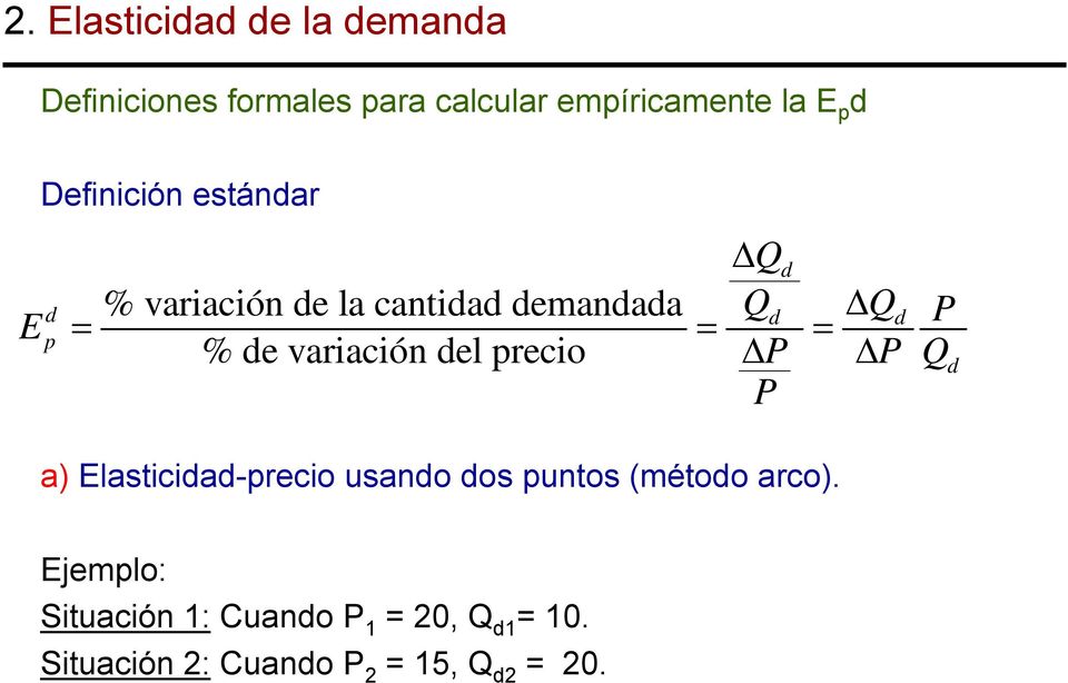 variación el precio Δ Δ Q p a) lasticia-precio usano os puntos (métoo arco).