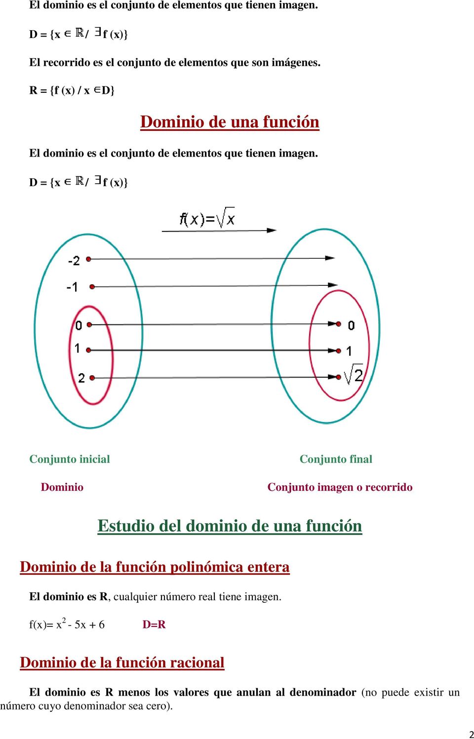 D = {x / f (x)} Conjunto inicial Dominio Conjunto final Conjunto imagen o recorrido Estudio del dominio de una función Dominio de la función polinómica