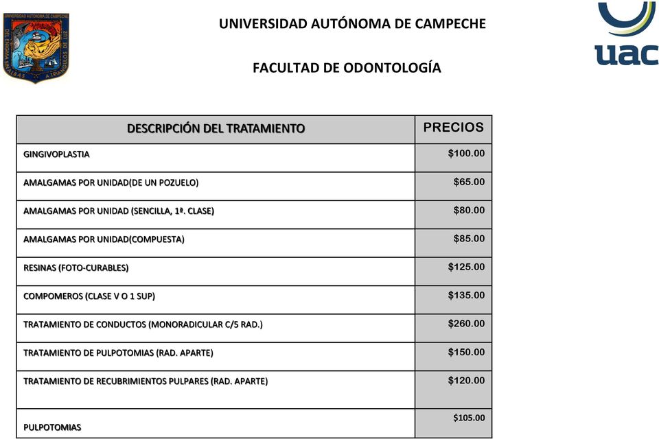 00 COMPOMEROS (CLASE V O 1 SUP) $135.00 TRATAMIENTO DE CONDUCTOS (MONORADICULAR C/5 RAD.) $260.