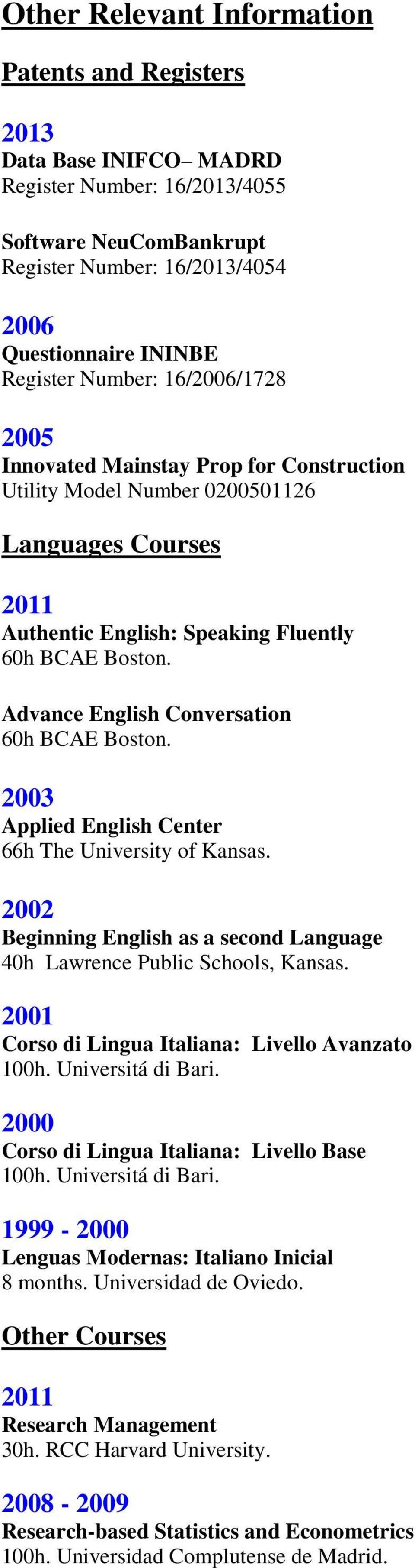 Advance English Conversation 60h BCAE Boston. 2003 Applied English Center 66h The University of Kansas. 2002 Beginning English as a second Language 40h Lawrence Public Schools, Kansas.