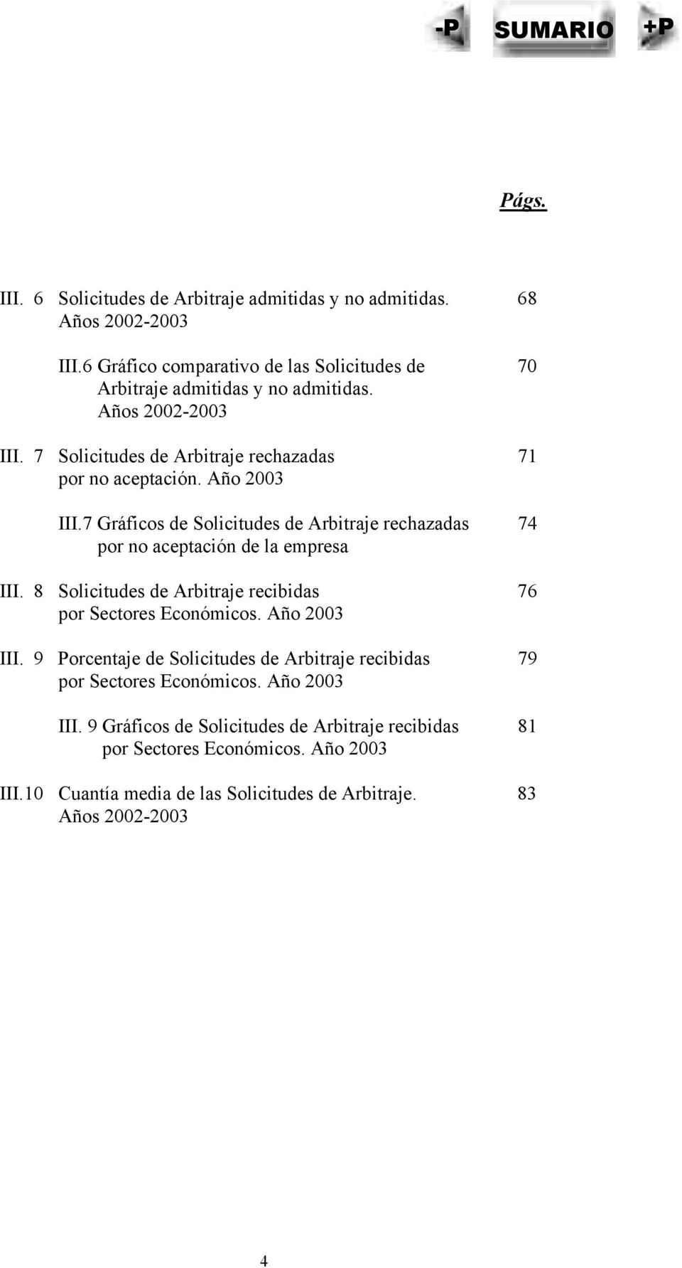 7 Gráficos de Solicitudes de Arbitraje rechazadas 74 por no aceptación de la empresa III. 8 Solicitudes de Arbitraje recibidas 76 por Sectores Económicos. Año 2003 III.