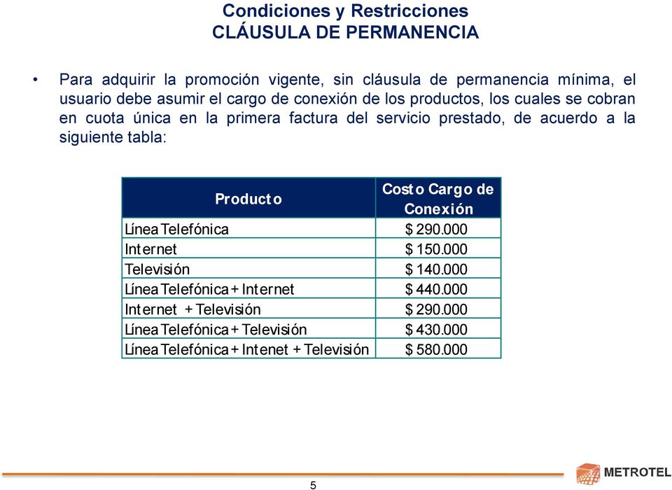 la siguiente tabla: Product o Cost o Cargo de Conexión Línea Telefónica $ 290.000 Int ernet $ 150.000 Televisión $ 140.