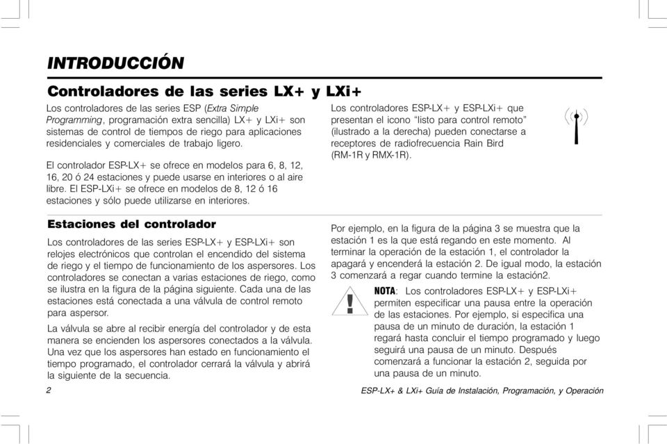 El ESP-LXi+ se ofrece en modelos de 8, 12 ó 16 estaciones y sólo puede utilizarse en interiores.