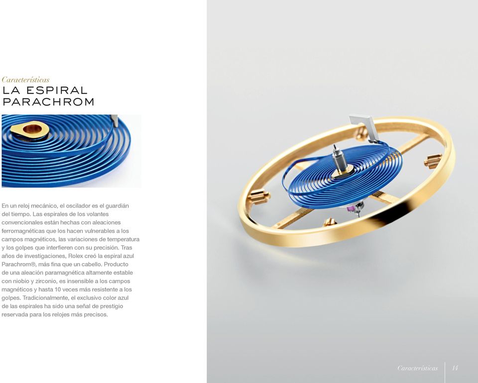 golpes que interfieren con su precisión. Tras años de investigaciones, Rolex creó la espiral azul Parachrom, más fina que un cabello.