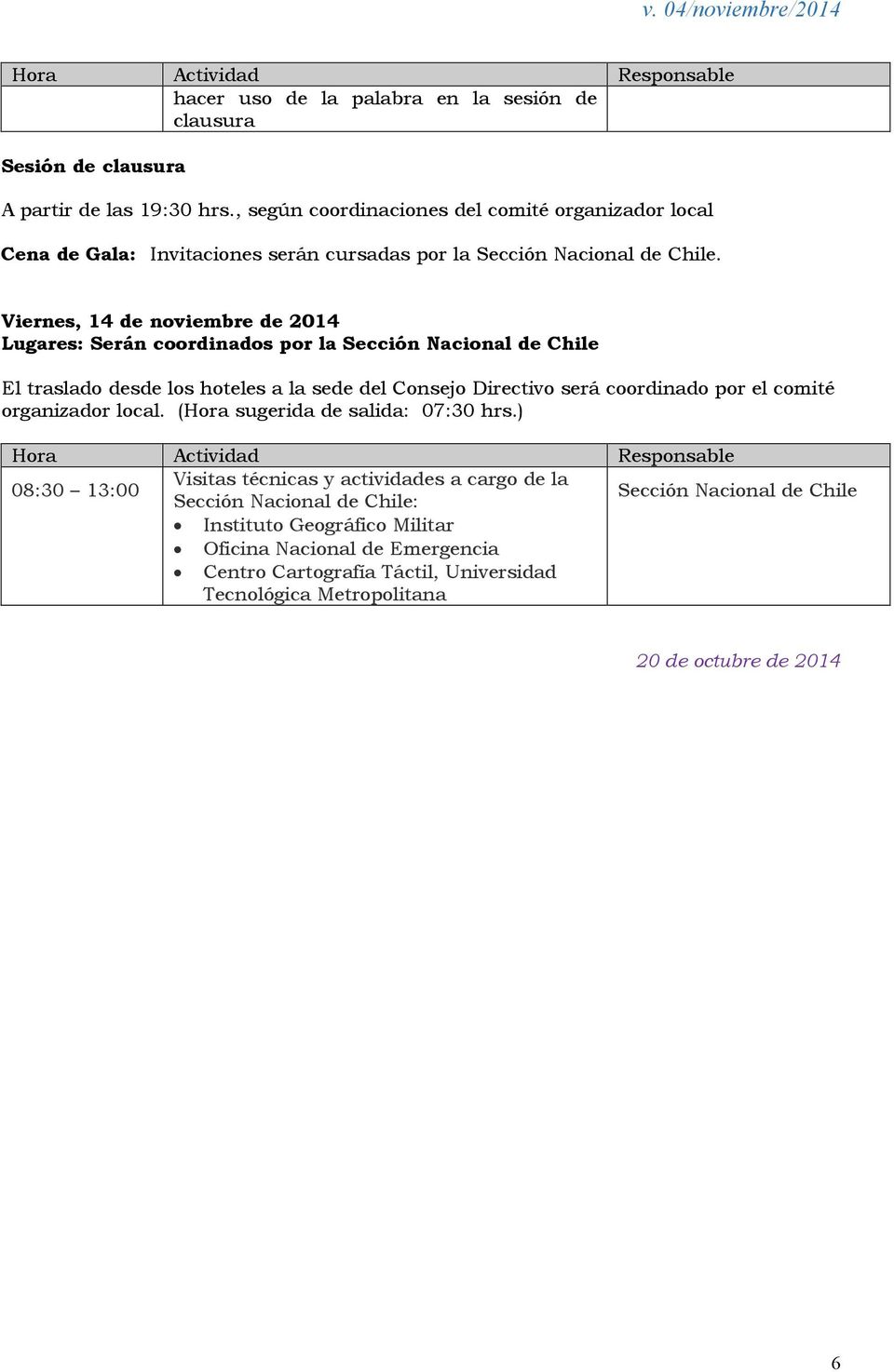 Viernes, 14 de noviembre de 2014 Lugares: Serán coordinados por la Sección Nacional de Chile 08:30 13:00 Visitas técnicas y actividades a cargo