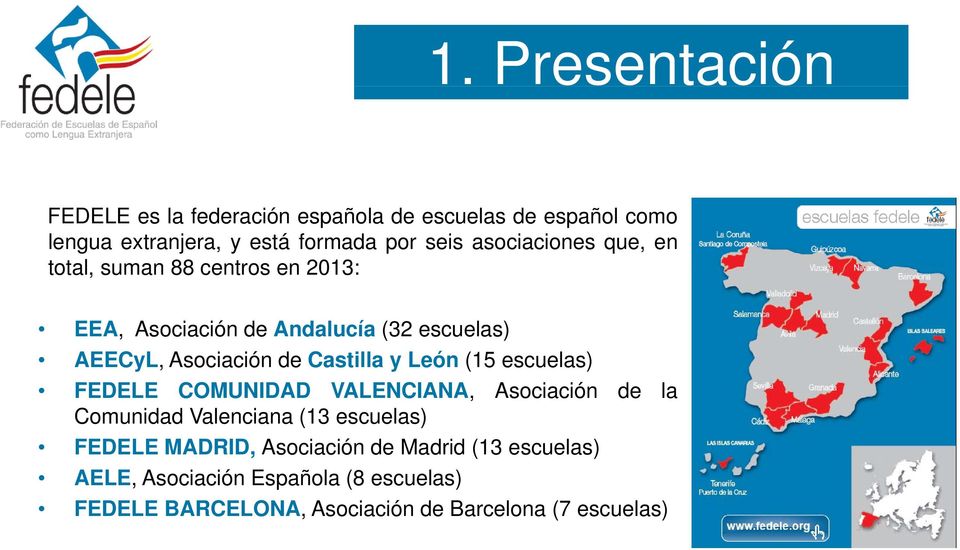 Castilla y León (15 escuelas) FEDELE COMUNIDAD VALENCIANA, Asociación de la Comunidad Valenciana (13 escuelas) FEDELE