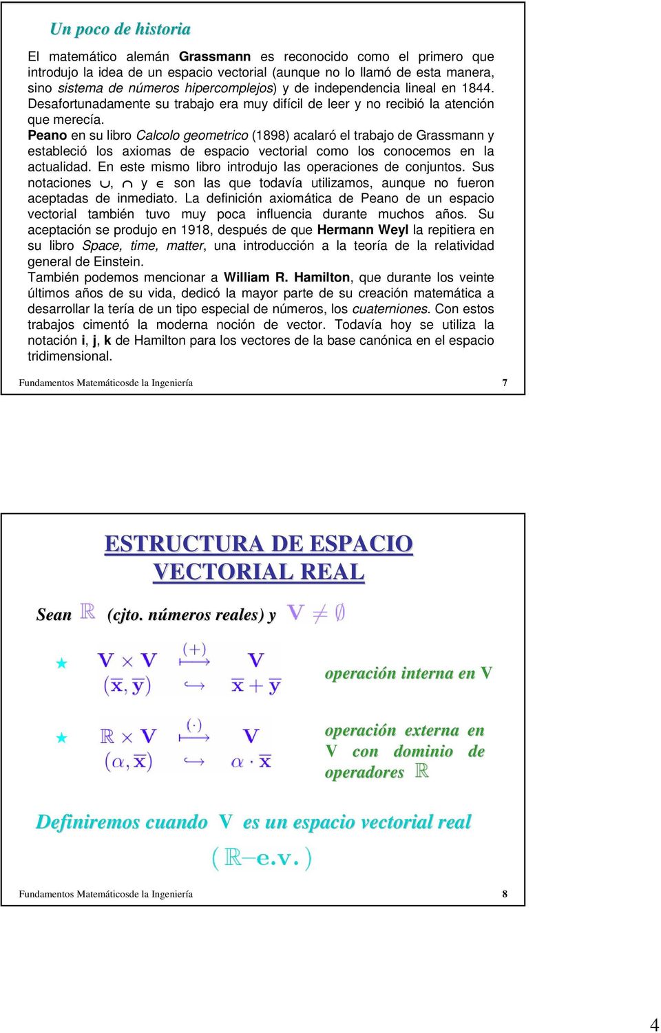Peano en su libro Calcolo geometrico (1898) acalaró el trabajo de Grassmann y estableció los axiomas de espacio vectorial como los conocemos en la actualidad.